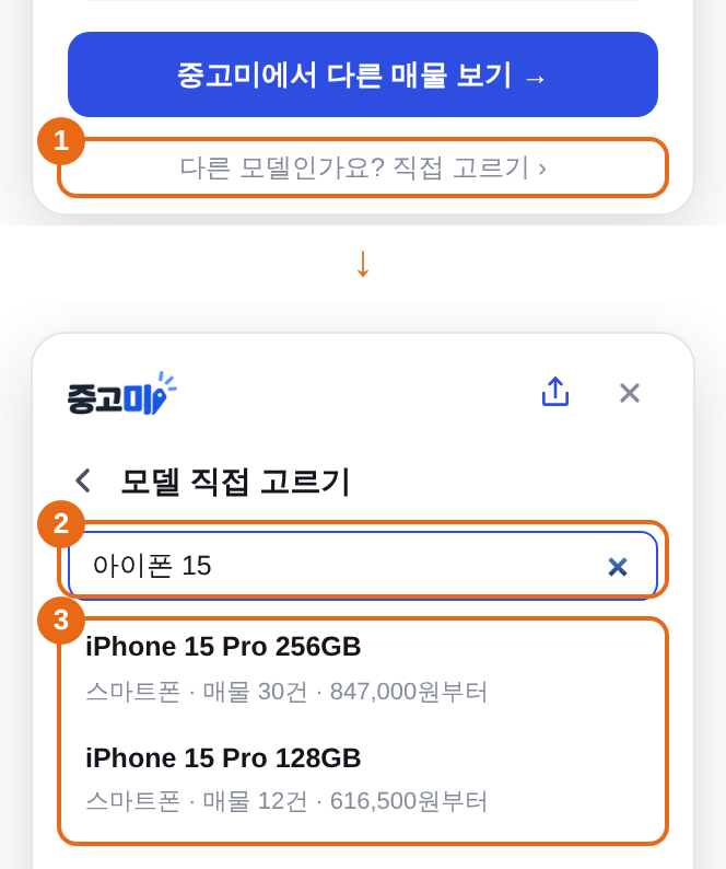 1 카드 아래의 직접 고르기를 누르면 모델 직접 고르기 화면이 열리고, 2 모델명을 검색해 3 목록에서 고른다